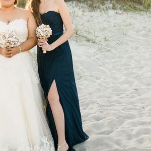 David’s Bridal Bridesmaid Dress |Size 0 | Long Strapless with Lace |Color:Marine